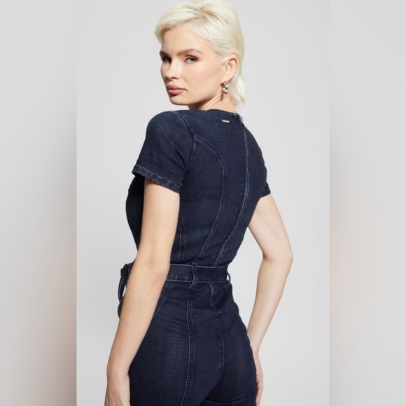 GUESS Leslie Dark Wash Denim Cotton Jumpsuit size Medium, length 29 inches NWT - Picture 15 of 16